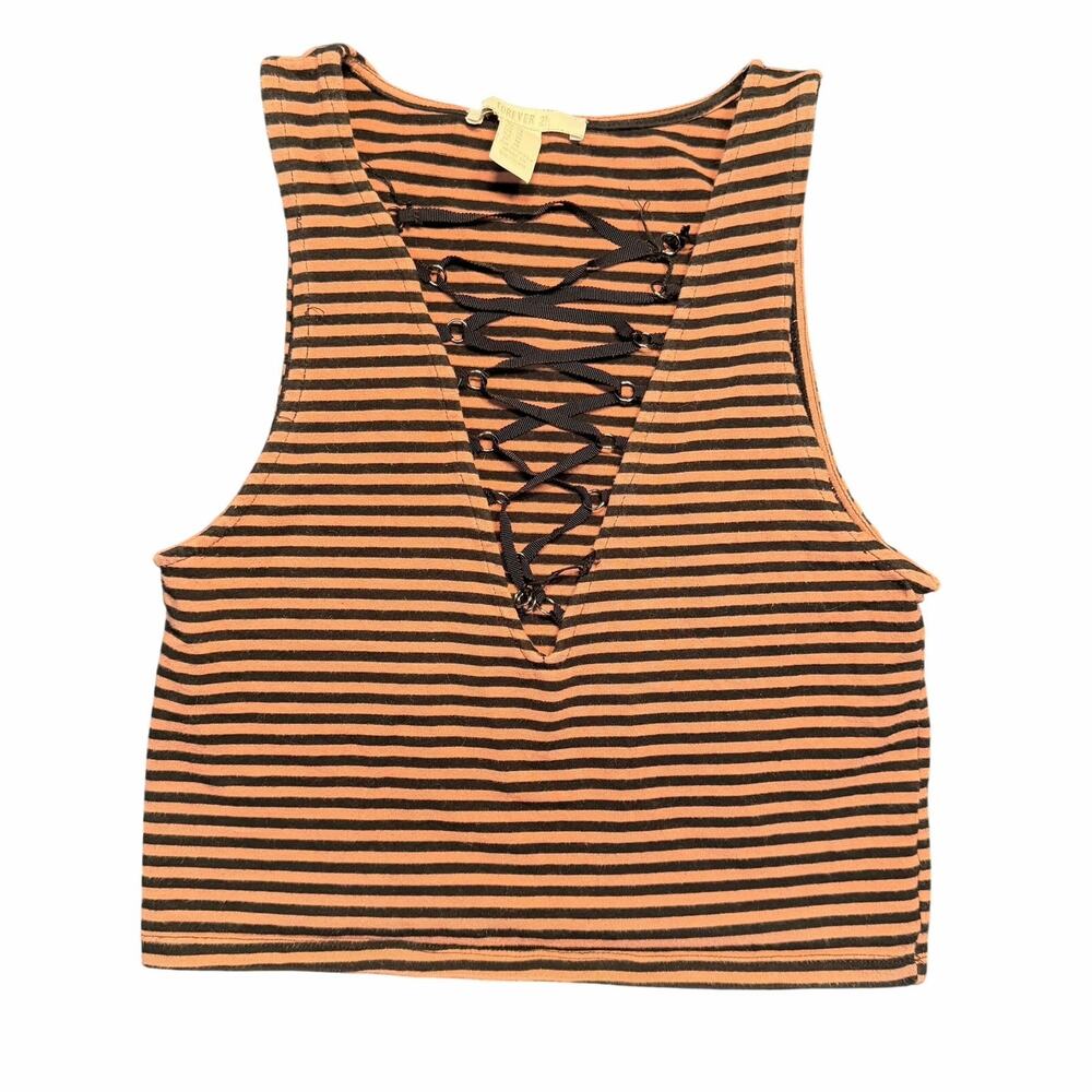 Ribbed Striped Lace-Up Grunge Goth Cropped Tank Top‎ Small